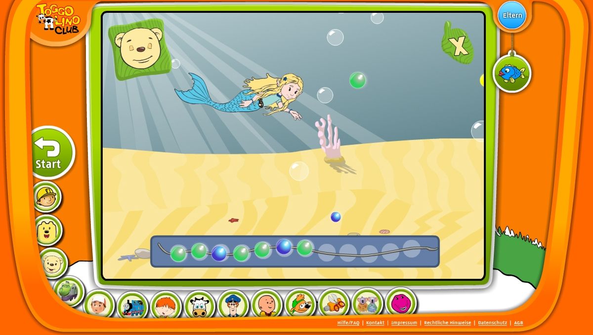 Toggolino Club (Browser) screenshot: Rupert Bear: catching colored pearls to complete the chain in the right pattern.