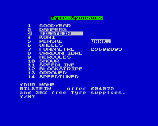 Grand Prix (ZX Spectrum) screenshot: Now you select your tyre sponsors