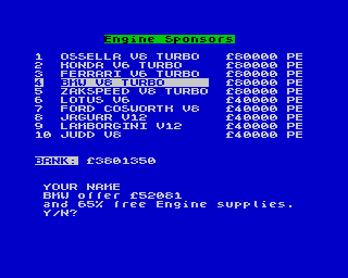 Grand Prix (ZX Spectrum) screenshot: Now engine sponsors