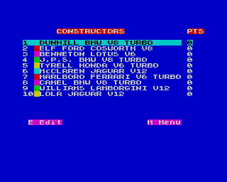 Grand Prix (ZX Spectrum) screenshot: The constructors list which is fully editable...so Tyrell Honda be Daddy's Jeep if you so wish