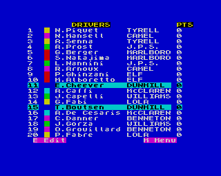Grand Prix (ZX Spectrum) screenshot: The drivers list, which again is fully editable, so you can amuse yourself by editing in the current season's lineup or replace it with you and your mates