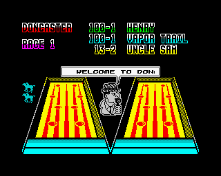 Kentucky Racing (ZX Spectrum) screenshot: And here is our nameless commentator who will be guiding us through the race...oh and Henry's a long shot at 100/1, but he can prove them wrong...well we I meant, or me, oh forget it!