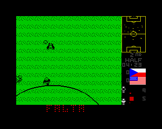 Mundial de Fútbol (ZX Spectrum) screenshot: And that's yet ANOTHER crunching dirty tackle...and that's number five, he's already been booked...he's off! It's a second booking, that's a red card and the USA are down to ten men here