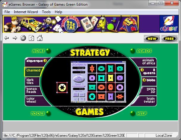 Galaxy of Games: Green Edition (Windows) screenshot: When a category is selected the games within that category are displayed. The numbers beside Alqueque, 8 Queens, and Blobs mean that they are counted as multiple games