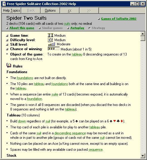 Free Spider (Windows) screenshot: There is a set of rules for each game. These can be accessed via the menu bar when playing the game or via the Rules button on the game selection screen
