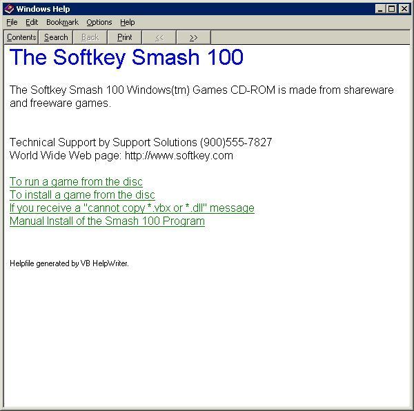 100 Smash Win95 Games (Windows) screenshot: The compilation's help file opens in a separate window