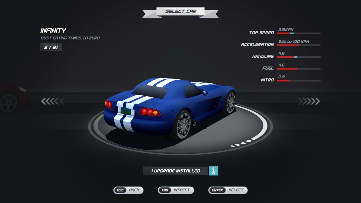 Horizon Chase Turbo (Windows) screenshot: Car selection and upgrade screen