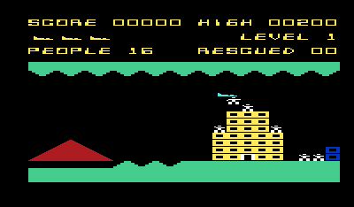 Protector (VIC-20) screenshot: You can pickup people by hitting the space bar while you are next to them.