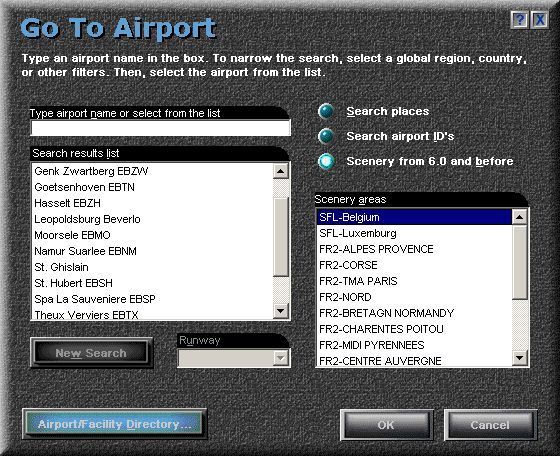 Airfield (Windows) screenshot: This is the airport selection menu within Microsoft Flight Simulator 98. The new airfields are accessed via the 'Scenery from 6.0 and before' menu