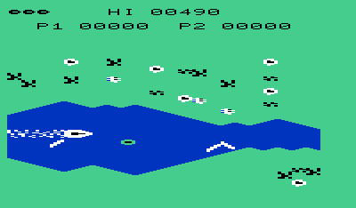 River Rescue: Racing Against Time (VIC-20) screenshot: Be careful to avoid the obstacles in the water.