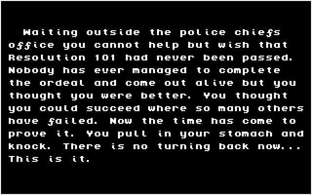 Hoverforce (DOS) screenshot: Resolution 101: After entering their name the player is supplied with a bit of the game's backstory before entering the sheriff's office. EGA version