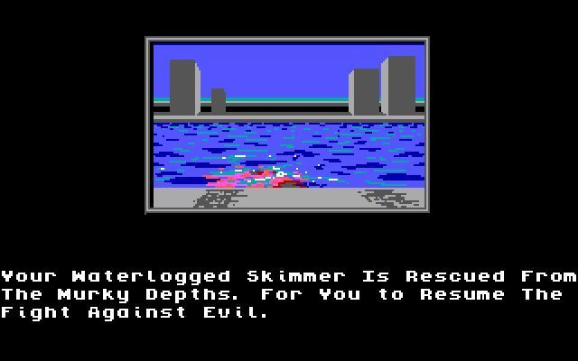 Hoverforce (DOS) screenshot: Resolution 101: The skimmer is just that, a skimmer. It does not hover nor does it float so don't put on the brakes when over water. EGA version