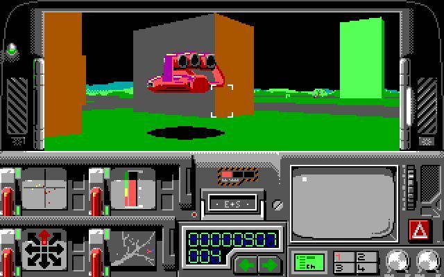 Hoverforce (DOS) screenshot: Resolution 101: All drug runners drive this special vehicle. They cannot be shot down until enough evidence has been collected. EGA version