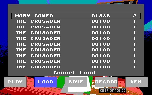 Hoverforce (DOS) screenshot: Resolution 101: The game's save/load function. Here it is being used to load a saved game. EGA version