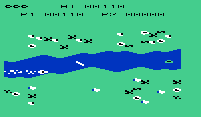 River Rescue: Racing Against Time (VIC-20) screenshot: The river sometimes gets very narrow.