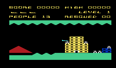 Protector (VIC-20) screenshot: People await rescue by the buildings.