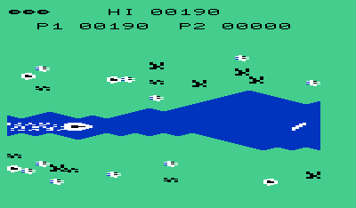 River Rescue: Racing Against Time (VIC-20) screenshot: And sometimes the river gets much wider.