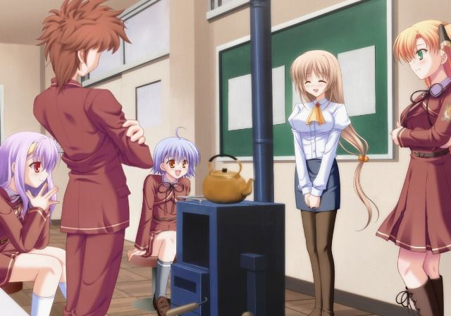 Canvas 3: Tanshoku no Pastel (PlayStation 2) screenshot: Everybody's gathering around the teacher.