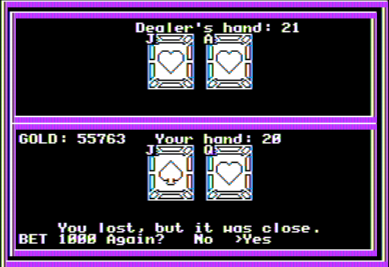 Questron II (Apple II) screenshot: Playing Blackjack