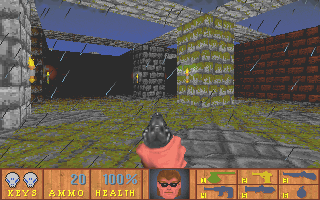 Kaos (DOS) screenshot: Level 1: You start in a courtyard under rain.