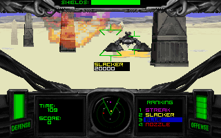 T-Mek (DOS) screenshot: Approaching our first enemy.
