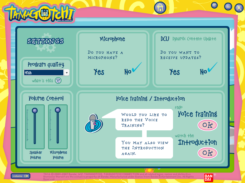 Tamagotchi PC Pack (Windows) screenshot: The settings menu.