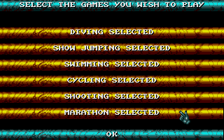 International Sports Challenge (Atari ST) screenshot: Discipline selection