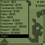 SimCity (Palm OS) screenshot: Choose what to build