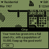 SimCity (Palm OS) screenshot: Reached city status