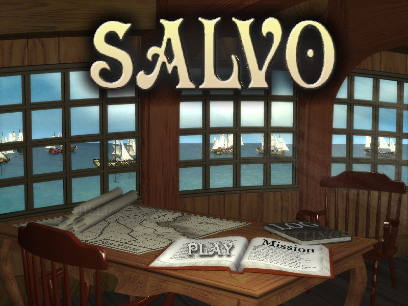 Salvo! (Windows) screenshot: Title screen and main menu<br> The mission book, log and map are all hotspots