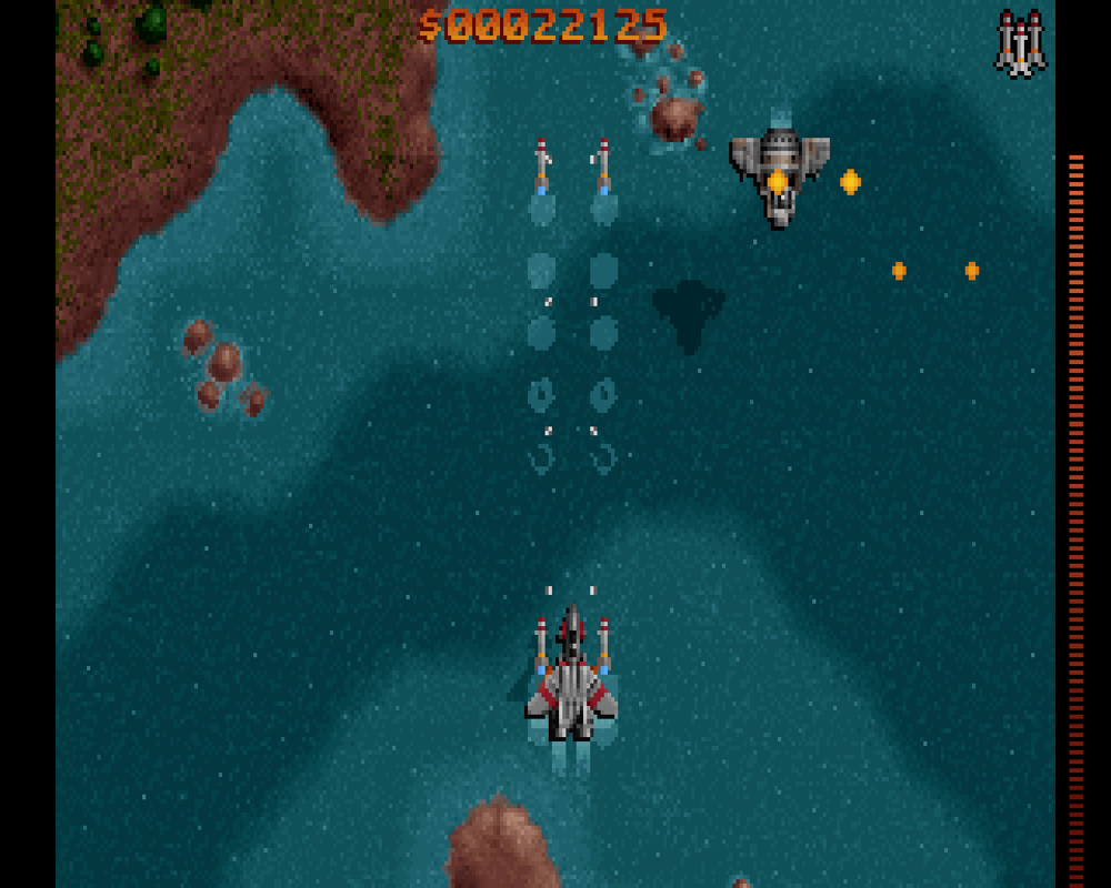 Raptor: Call of the Shadows (Windows) screenshot: Firing my weapon and I have missiles. An enemy is firing at me.