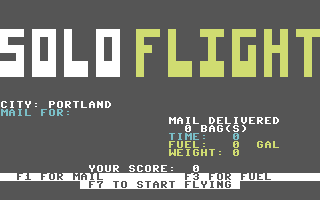 Solo Flight (Commodore 64) screenshot: Fueling and mail collection (1984 version)