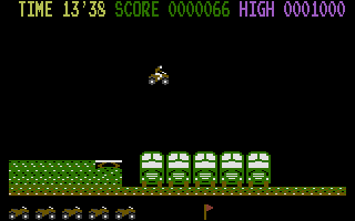 Kikstart: Off-Road Simulator (Commodore 16, Plus/4) screenshot: Jumping buses.