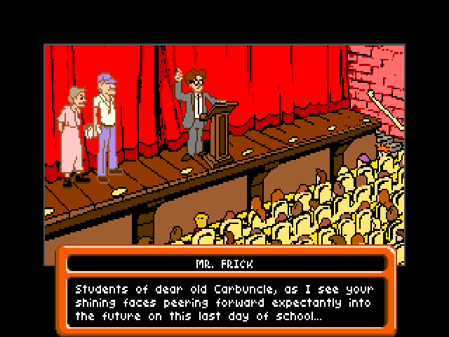 The Adventures of Willy Beamish (Windows) screenshot: Principal is addressing the students (GOG release, Floppy version)