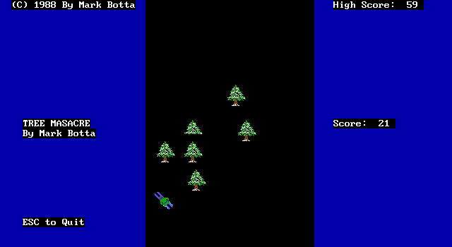 Tree Masacre (DOS) screenshot: The game screen. This shows a game in play with the highest score of the session, 59, in the top right and below it the score for the current run.