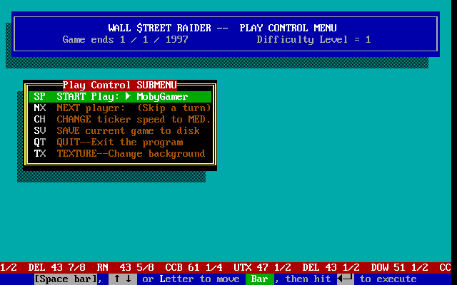Wall $treet Raider (DOS) screenshot: DOS Shareware release, version 4.0 (1993): This is the main game menu.