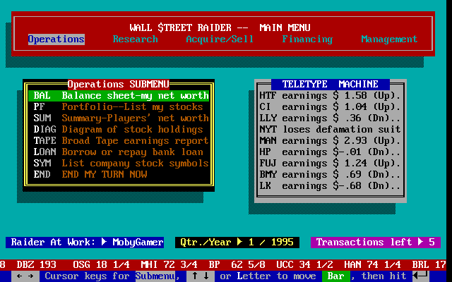 Wall $treet Raider (DOS) screenshot: DOS Shareware release, version 4.0 (1993): This is the heart of the game, the trading desk. The transaction limit, lower right, is a feature of the shareware game.
