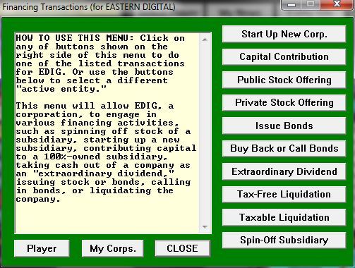 Wall $treet Raider (Windows) screenshot: Windows Shareware release, version 6.70 (2013) Some of the financial options that are available when the player becomes CEO of a company