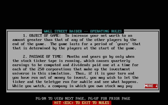 Wall $treet Raider (DOS) screenshot: DOS Shareware release, version 4.0 (1993): Prior to starting the game gives the player the chance to read the game instructions, there are fifteen or so 'pages' like this.