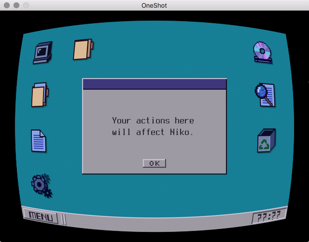 OneShot (Macintosh) screenshot: Niko can't read the message on the computer - it's addressed straight to the player.