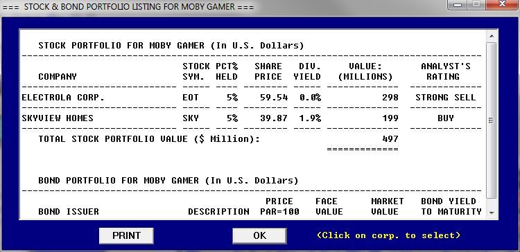 Wall $treet Raider (Windows) screenshot: Windows Shareware release, version 6.70 (2013) One of the many reports available. All information screens open in a new window, this one shows the current purchases and includes analyst's advice