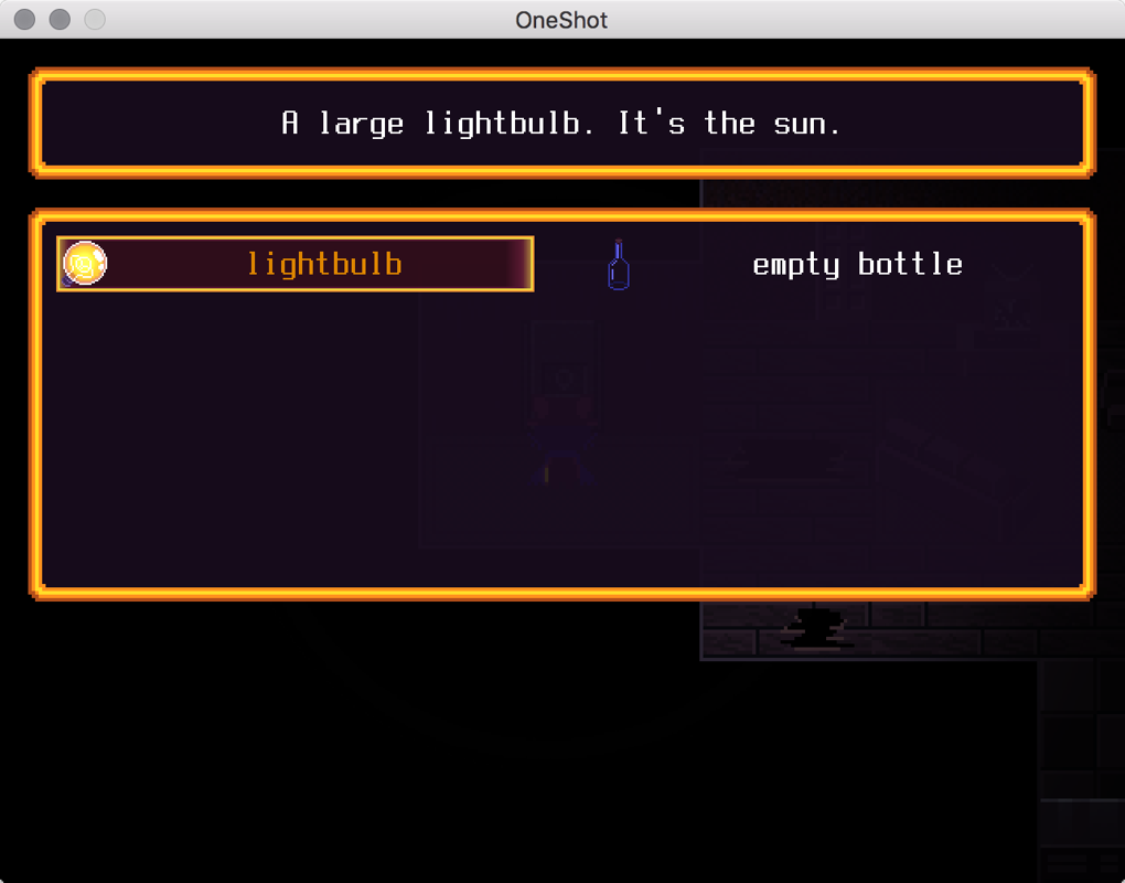 OneShot (Macintosh) screenshot: Inventory. The item the player has found is the world's sun, which has to be returned to centre of the world.