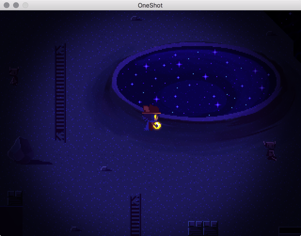 OneShot (Macintosh) screenshot: There's no sun, but the bioluminescent life almost looks like stars glittering in those pools...