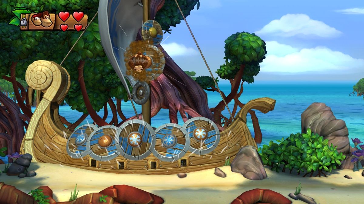 Donkey Kong Country: Tropical Freeze (Wii U) screenshot: There are many viking inspired elements in tropical freeze. Such as this ship I just smashed into