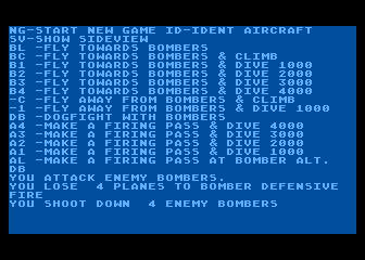 Jagdstaffel (Atari 8-bit) screenshot: Dogfighting bombers wasn't a very good idea. Their defenses are too powerful.
