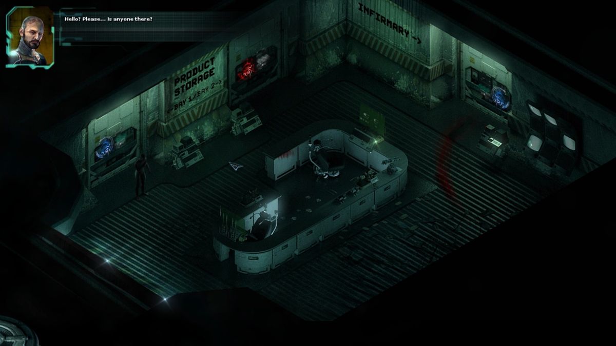 Stasis (Windows) screenshot: The reception room is all empty and... well, bloody