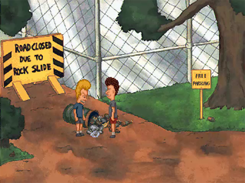 MTV's Beavis and Butt-Head in Virtual Stupidity (Windows) screenshot: Road close due the trash slide