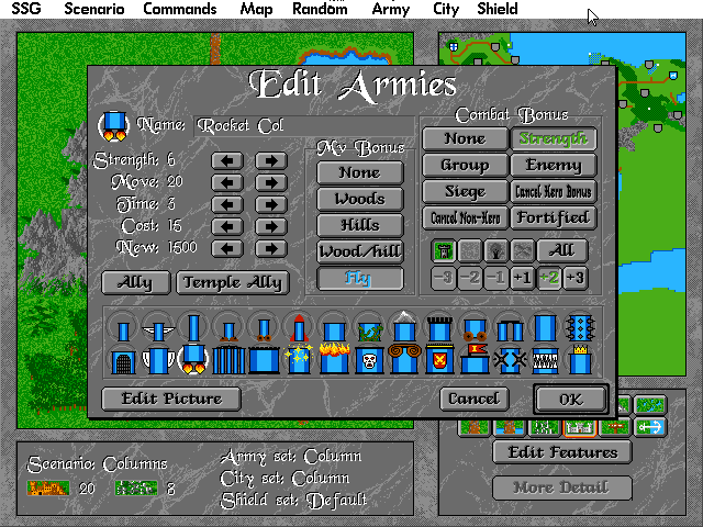 Warlords II Scenario Builder (DOS) screenshot: Chris' sensational Columns(TM) army set!