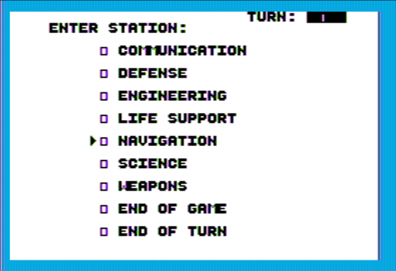 Starship Commander (Apple II) screenshot: Command Menu