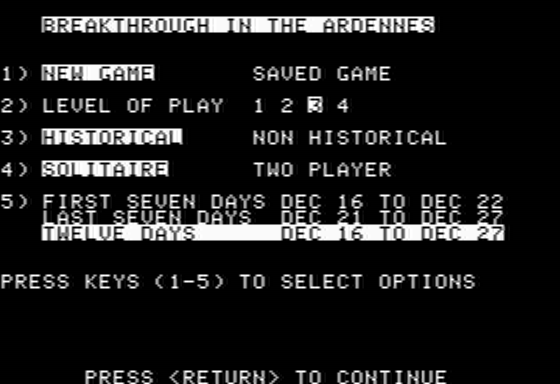 Breakthrough in the Ardennes (Apple II) screenshot: Main Menu